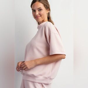Rae Mode Pink Modal Scuba Mock Neck Short Sleeve Elegant Pullover Top Loungewear